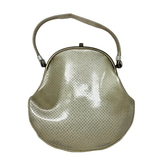 Vintage 1950s Silver Glitter Purse Plastic Top Handle Dotted Large Handbag - Picture 1 of 10